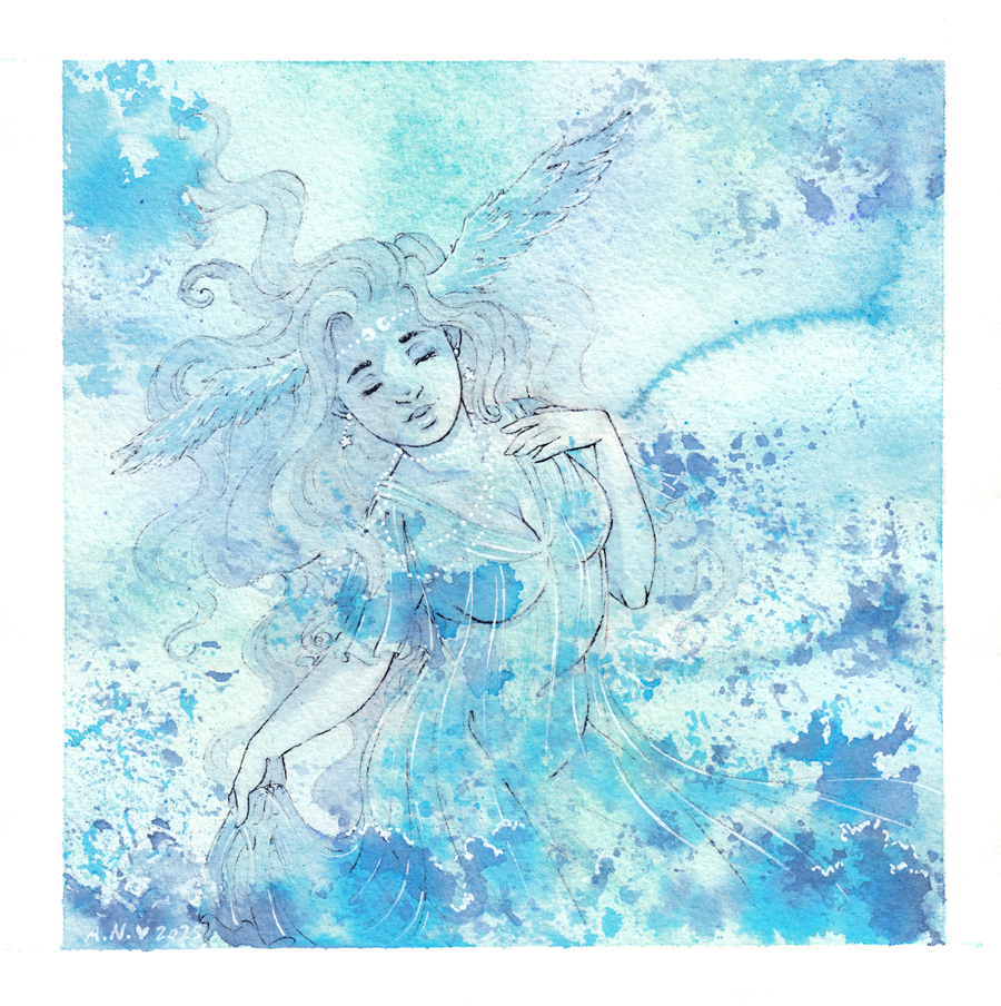 Watercolour illustration of an ocean goddess standing in the waves.